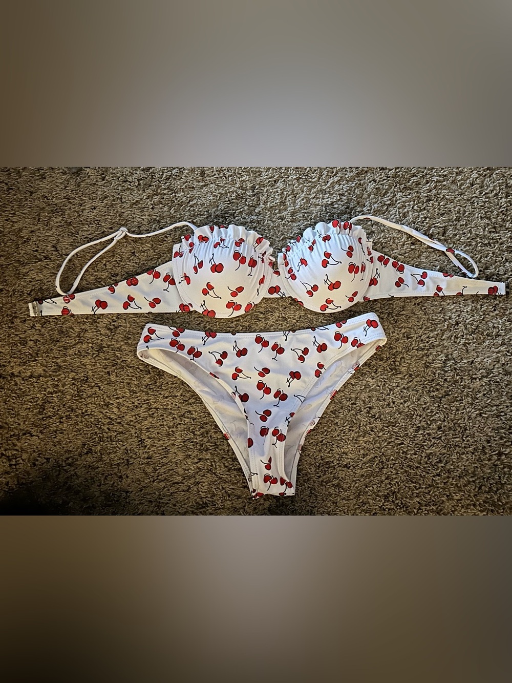 SHEIN White Cherry Print Bikini Set